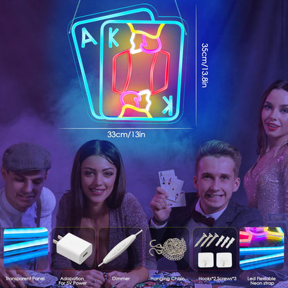 Porker Neon sign Play Cards Led Neon Lights Neon Signs for Bedroom Led Sign USB Powered Neon Signs for Wall Decor Dimmable for Christmas Casino Thanksgiving Birthday Party Girls Gifts