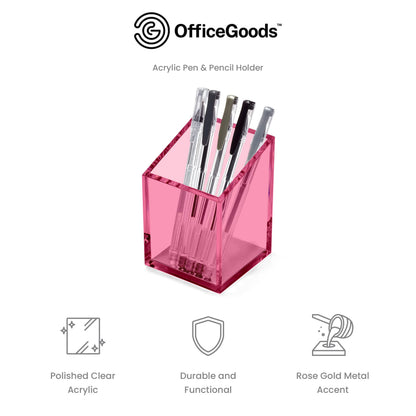 OfficeGoods Acrylic Pen & Pencil Holder - Modern Trapezoid Design - Beautiful Desk Organizer for Home or Office - Contrasting Metal Base - 3" Square w/ 3.5" Front & 4.5" Back - Pink