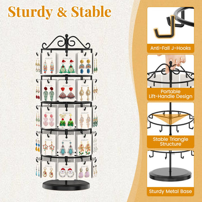 EsLuker.ly Earring Holder Organizer Rotating Display Tree Stand, Adjustable Height Earring Card Hanger Rack with 50 Hooks for Vendors Market Selling, 5 Tier Metal Jewelry Storage Tower, Black