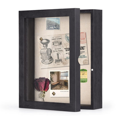 SZQINJI 8x10 Shadow Box Frame Memory Box Flower Shadow Box Display Case with Linen Back Glass Magnetic Door for Memorabilia Awards Medals Photos Rustic Black Wall and Tabletop