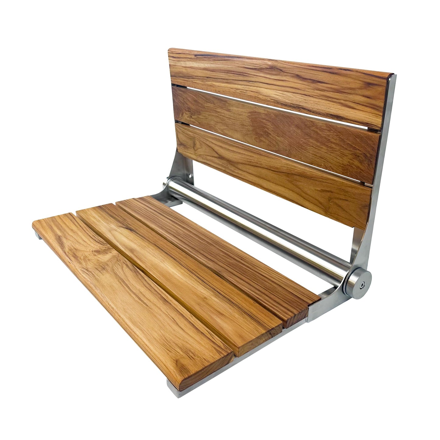 Teak Shower Seat Bench with Back - Wall Mounted Fold Up Shower Seat, Waterproof Folding Teak Bath Chair for Seniors, 304 Stainless Steel, with 300 lbs Capacity - 24" Length, Brushed Stainless Finish