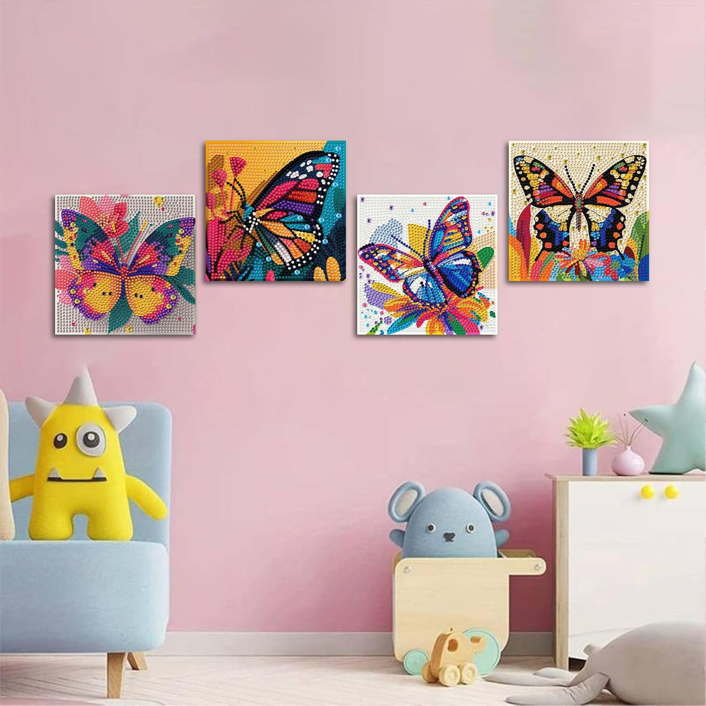 ICYANART 4 Pack Butterfly Diamond Art Painting Kits for Kids Butterfly Diamond Art Painting for Kids Ages 6-8-12 Gem Art Small for Girs for Gifts and Home Wall Decor 7x7inch