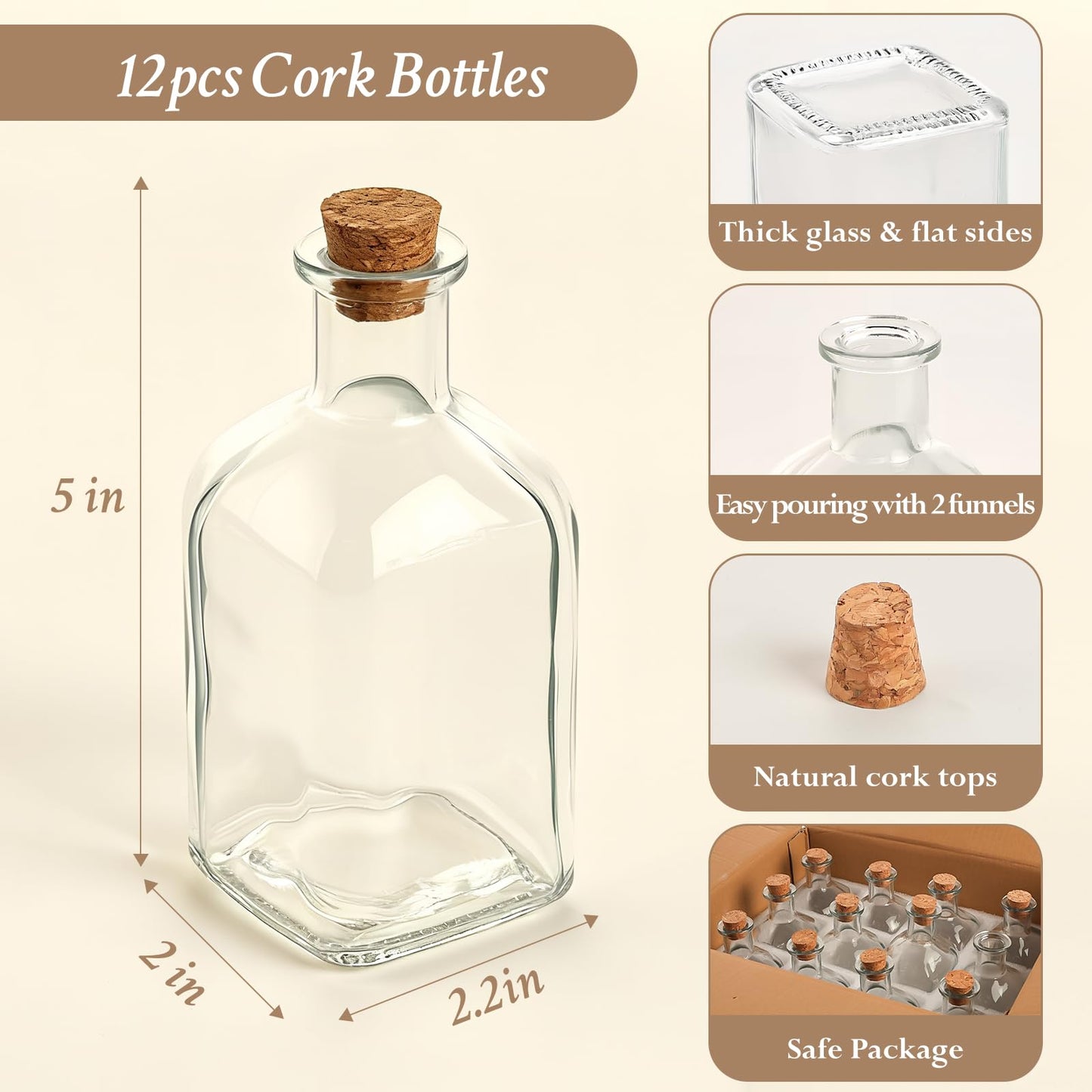 TBWIND 12 Pack 8oz Glass Potion Bottles with Cork, Small Apothecary Bottles, Clear Mini Glass Bottles for Drinks, Crafts, Wedding Favors, Square-Round Glass Jars for DIY Projects & Home Decor