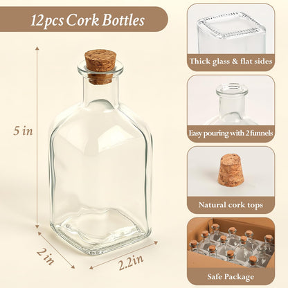 TBWIND 12 Pack 8oz Glass Potion Bottles with Cork, Small Apothecary Bottles, Clear Mini Glass Bottles for Drinks, Crafts, Wedding Favors, Square-Round Glass Jars for DIY Projects & Home Decor