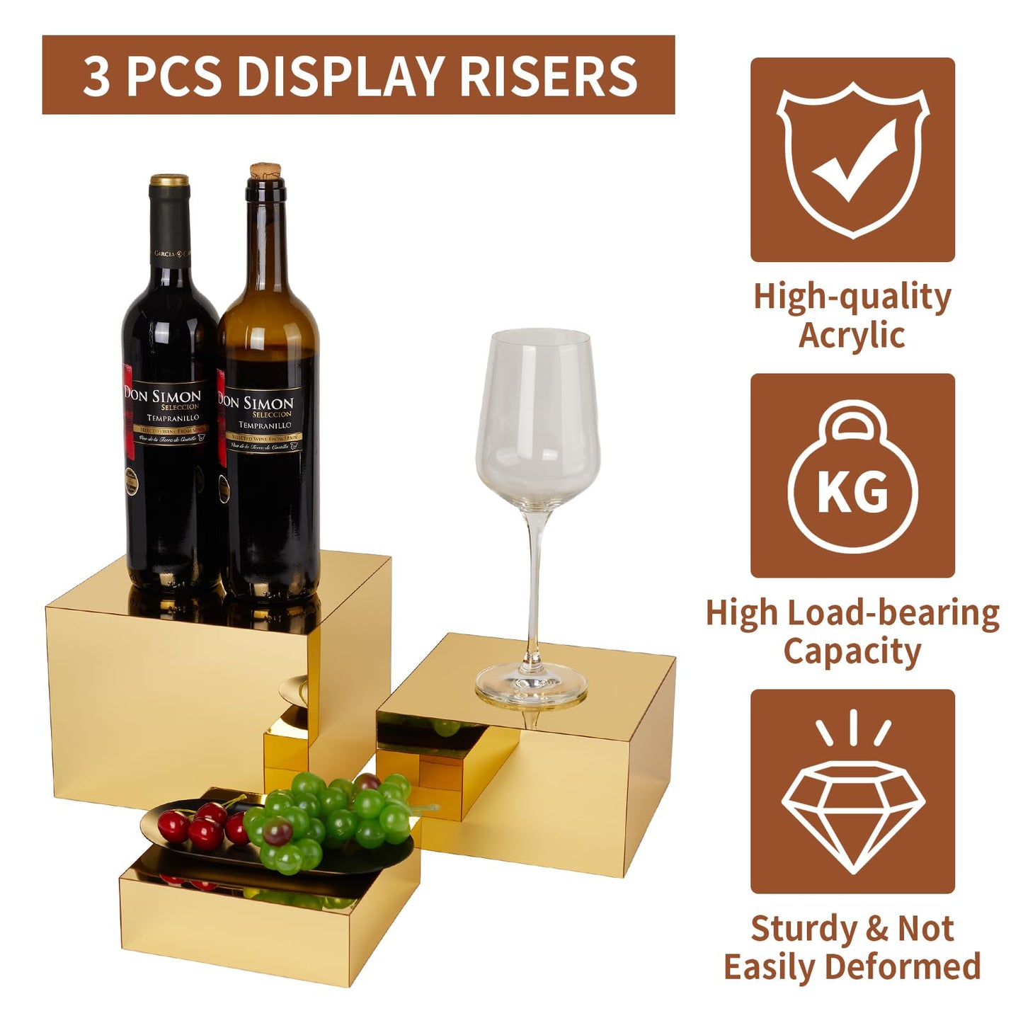 Jolboldy 3 Pcs Gold Acrylic Risers Display Stands, Mirrored Nesting Cube Boxes Pedestal for Figures Collectibles, Jewelry Purse Wallet Showcase Blocks, Buffet Risers Food Display Catering Dessert Cake