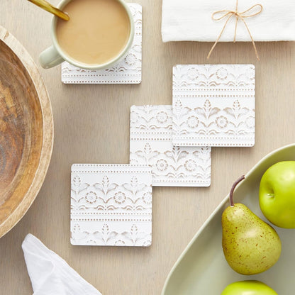 Set 6-3.8 Juvale Wooden Coasters of in, White, Square, Farmhouse Style - Coaster Holder for Coffee Table & Bar Decor