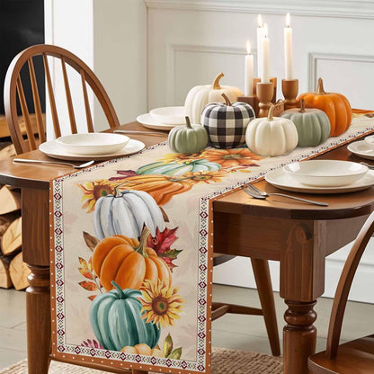 LooPoP 13x108 Inches Thanksgiving Fall Pumpkin Table Runners Maple Leaf Orange Lattice Long Washable Table Runner