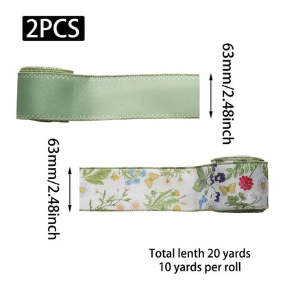 OYWOBET Green Wired Edge and Retro Wild Floral Craft Ribbon, Spring Fabric Botanical Decor Ribbon for Wreath Bow Making DIY Wrapping Party Decor Supplies(2 Rolls,10 Yards Per)