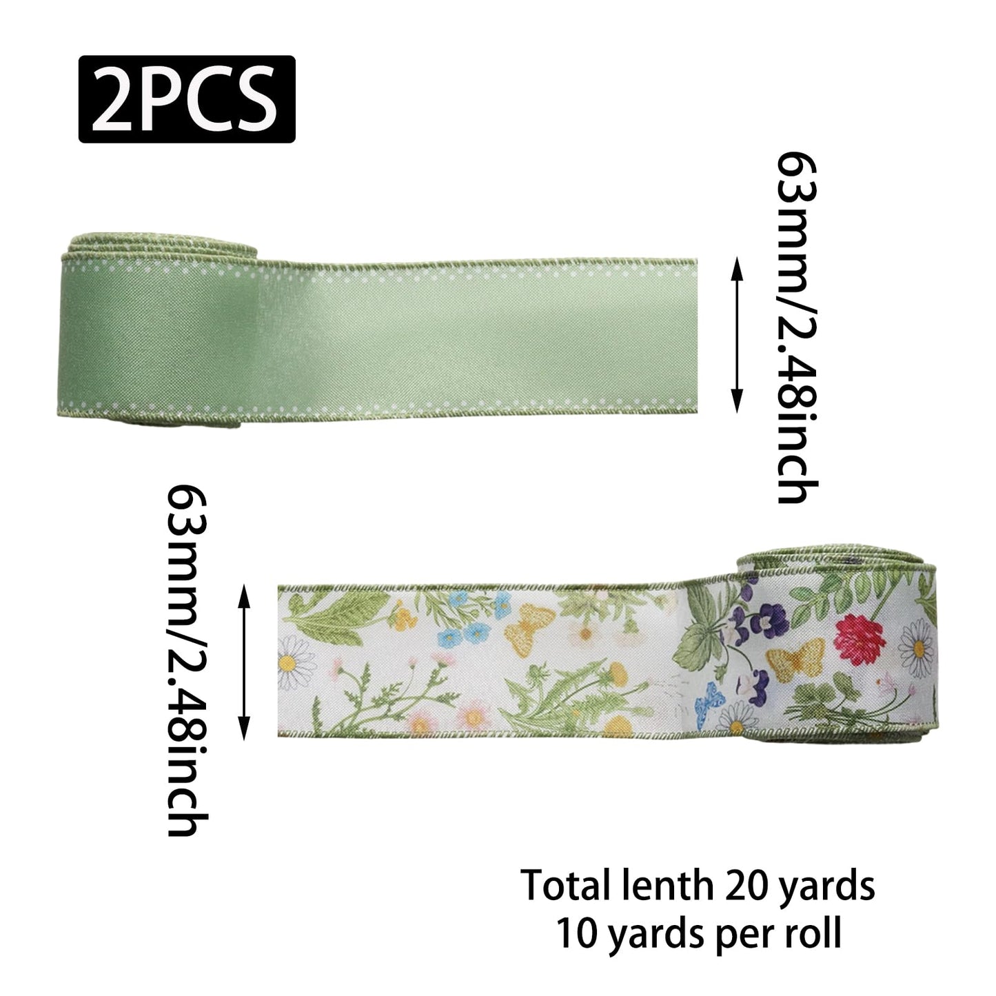 OYWOBET Green Wired Edge and Retro Wild Floral Craft Ribbon, Spring Fabric Botanical Decor Ribbon for Wreath Bow Making DIY Wrapping Party Decor Supplies(2 Rolls,10 Yards Per)