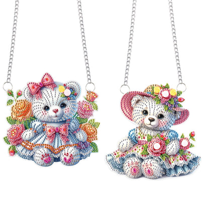 2 Pcs Diamond Painting Hanging Ornaments – Cute Teddy Bear Doll Design with Floral Patterns, DIY Acrylic Craft Kit for Home Decoration, Gifts & Crafts