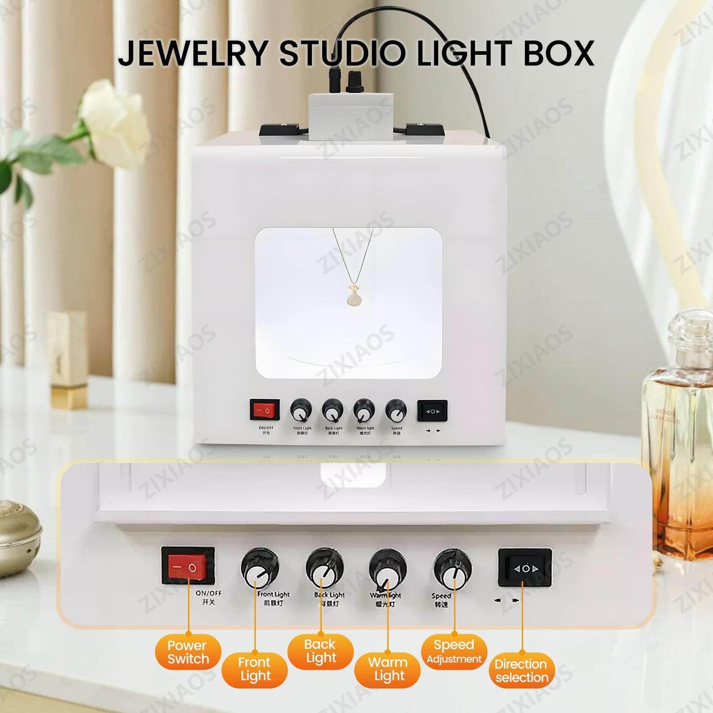 ZIXIAOS Jewelry Photography Light Box Kit with 360° Electric Rotating Feature, 4PCS Fill Lights-Adjustable Brightness,Mini Photo Studio Softbox,Support Jewelry Hanging or Placing 20cm