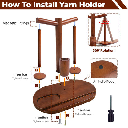 Lemosyu Wooden Yarn Holder for Crocheting and Knitting, Magnetic Rotating Yarn Spinner with 2 Spindles, Crochet Accessories Storage & Phone Stand, Perfect Gift for Knitters, Women, Mom, Grandma