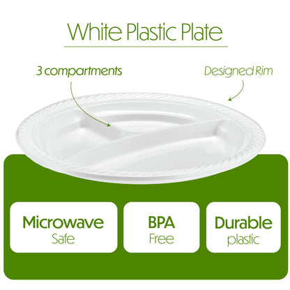 PLASTICPRO 9 inch Round Plastic Plates 3 Compartment - 3 Section Plates Microwaveable, Disposable, White, Dinnerware 400 Count
