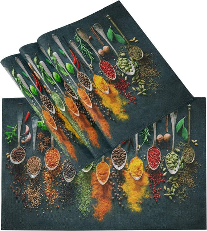 Cooking Herbs Spices Placemats Set of 4, Washable Non-Slip Heat Resistant Place Mats for Kitchen
