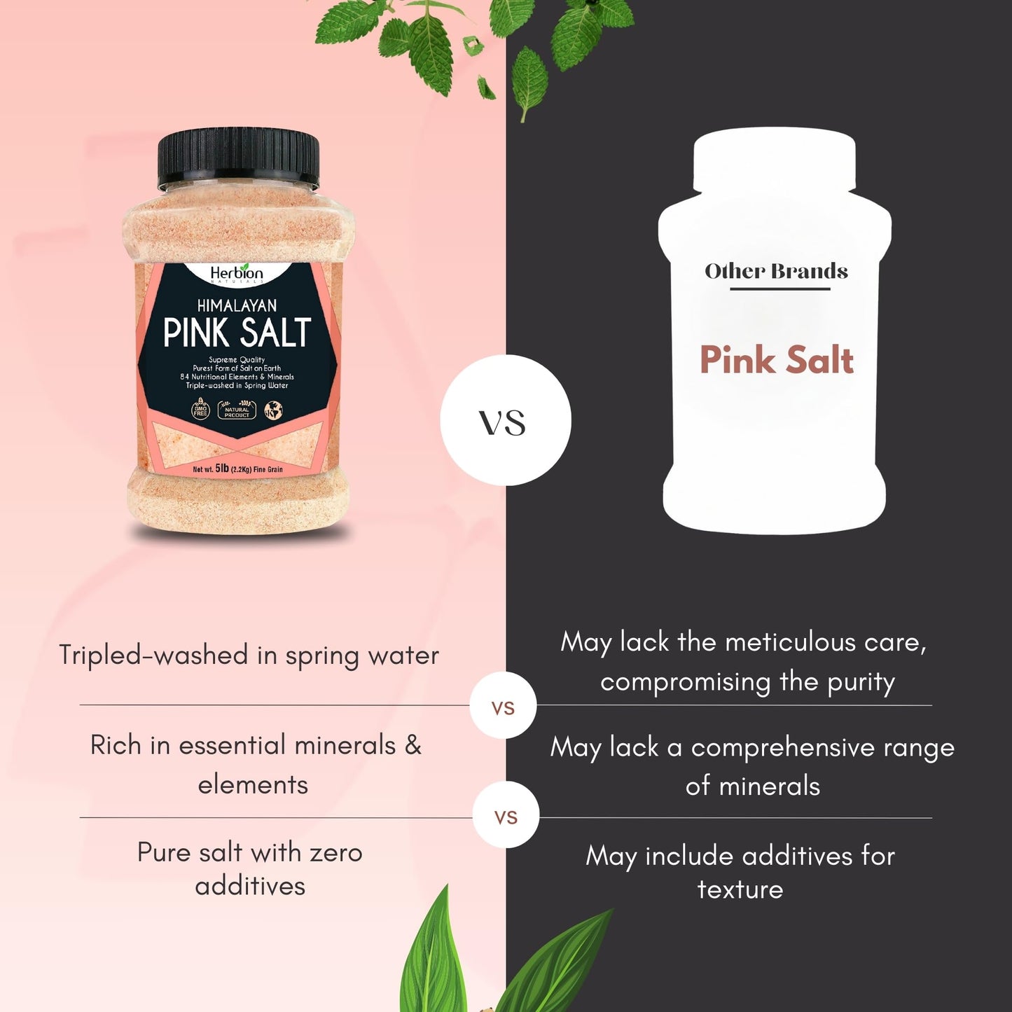 HERBION Naturals Himalayan Pink Salt Jar Fine Grain, GMO Free, Supreme Quality Chemical Free, Vegan, Kosher Certified, Fine Grain All Natural Salt, Triple Washed in Spring Water, 5 lbs