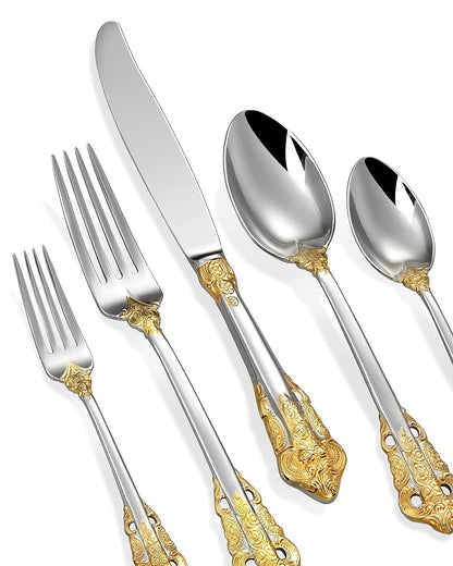 KEAWELL Luxury 20 Pieces 18/10 Stainless Steel Flatware set, Service for 4, silver plated with gold accents, Fine Silverware set and Dishwasher Safe (Gold Accent)