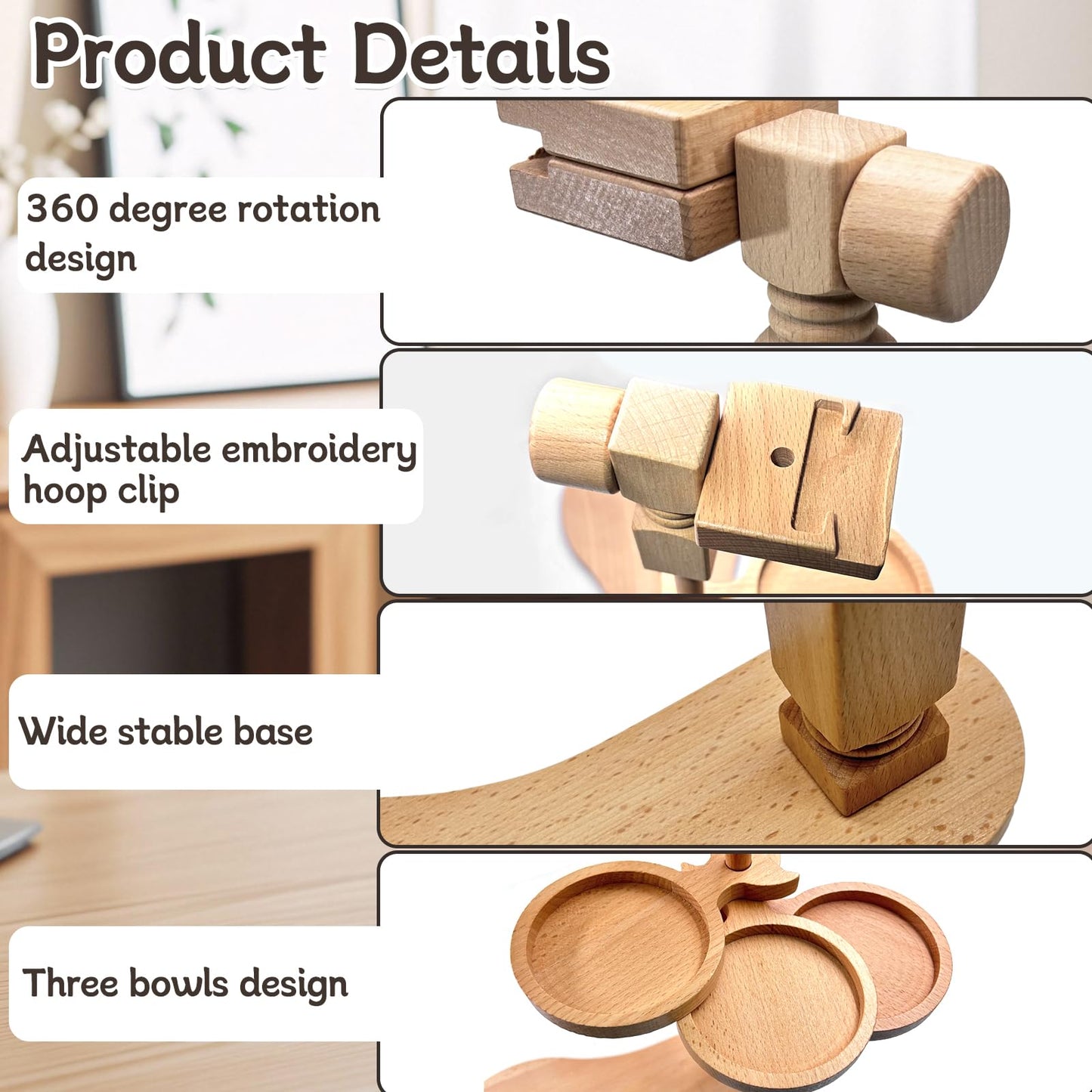 Biaungdo Adjustable Rotated Embroidery Hoop Stand with 5 Pack 5 Sizes Hoop, Wooden Embroidery Hoop Holder Frame & 3 Bowls for Cross Stitch, DIY Craft Sewing Projects