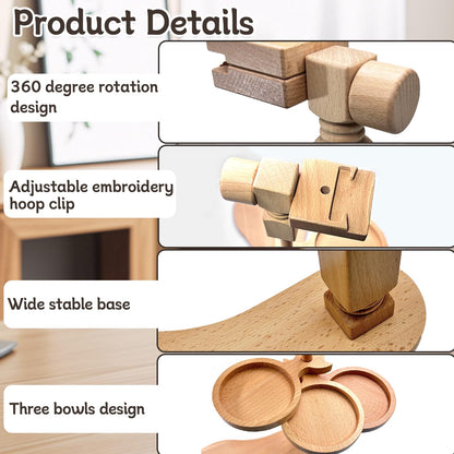 Biaungdo Adjustable Rotated Embroidery Hoop Stand with 5 Pack 5 Sizes Hoop, Wooden Embroidery Hoop Holder Frame & 3 Bowls for Cross Stitch, DIY Craft Sewing Projects