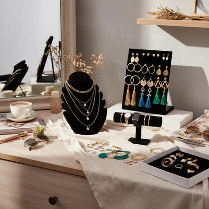 Fliqor 3 Pcs Black Velvet Jewelry Display Set, Necklace Bust Mannequin, T-Bar Bracelet Holder & L-Shaped Earring Rack, Jewelry Display Stand for Selling, Shows, Photography & Home Organization