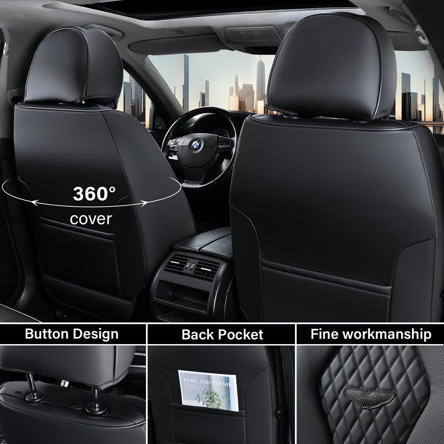 Coverado Seat Covers, Car Seat Covers Full Set, Black Car Seat Cover, Car Seat Covers Front Seats Back Seat Cover, Waterproof Car Seat Cushion, Leather Seat Covers Seat Protector Fit for Most Cars