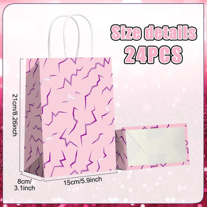 Hauwellter 24 Pcs Kpop Party Favor Bags, Pink and Purple K Pop Themed Kraft Paper Gift Bags with Handles, Bulk Goodie Treat Bag for Kpop Disco Halloween Birthday Party Supplies Decorations