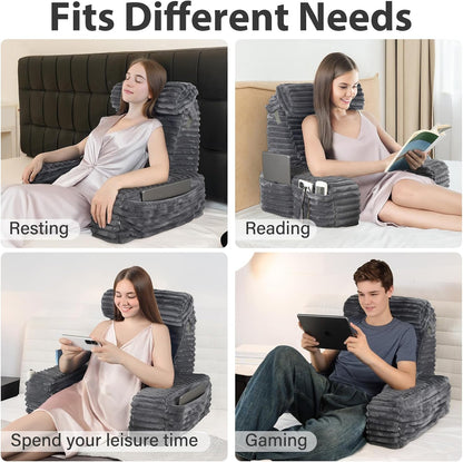 19 ENITYA Back Pillow for Bed Sitting up, Built-in Armrests & Big Pockets, Back Support Chair Pillow for Sitting