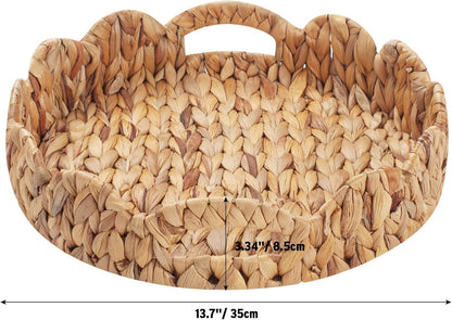 14 inch Yangqihome Round Scalloped Serving Tray, Decorative Water Hyacinth Scalloped Basket with Built-in Handles