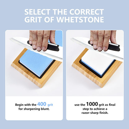 Knife Sharpening Stone 400/1000 Grit, Whetstone 2-in-1 Professional Sharpening Stones for Knives, Sharpener Stone with Non-Slip Bamboo Base, Kitchen Knife Sharpener for Straight & Serrated Edges