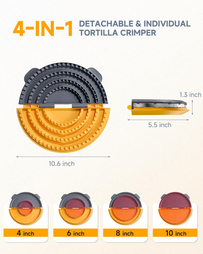 4-in-1 Tortilla Sealer Press, Tortilla Crimper Maker for 4”, 6”, 8”, 10” Wraps, Detachable Shark Tooth Design, BPA-Free, Dishwasher Safe, Suitable for Making Sealed Quesadilla, Taco, Burrito, Dumpling