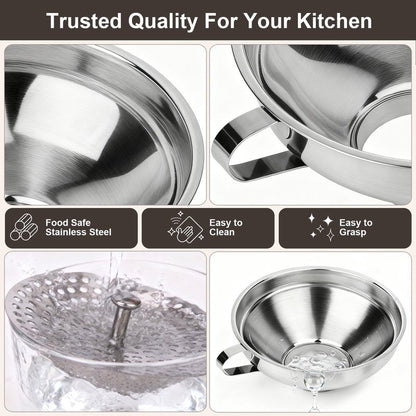 Cuqojs Canning Funnel with Strainer, Wide Mouth Canning Funnels for Filling Wide and Regular Mason Jars, Food Grade Stainless Steel Canning Supplies for Kitchen Use, 3 Pack (Small and Large)