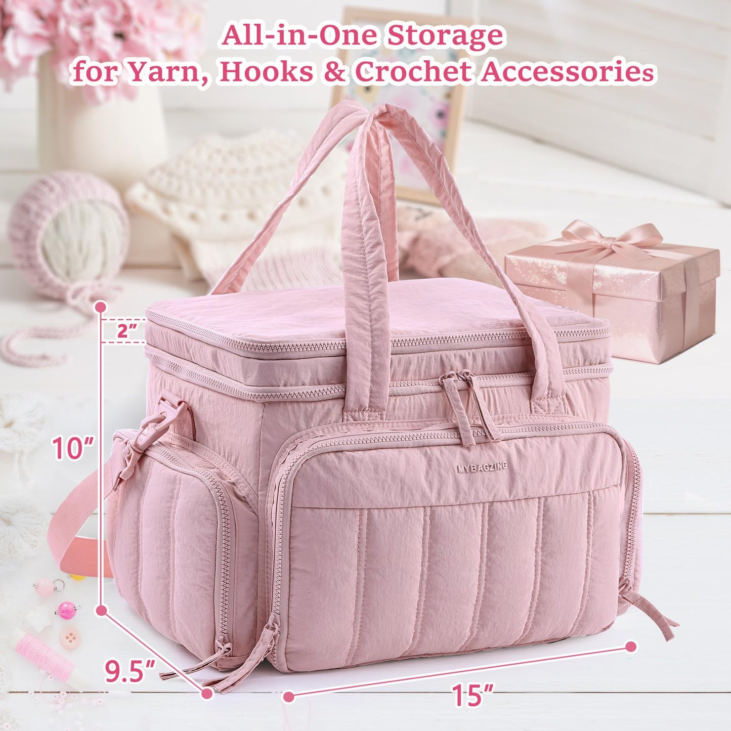 MYBAGZING Large Knitting & Crochet Bag Organizer for Yarn Storage, Double-Layer Knitting Project Bag with 6 Grommets, Yarn Organizer Tote for Knitting Supplies Crochet Hooks & Accessories Gift for Mom