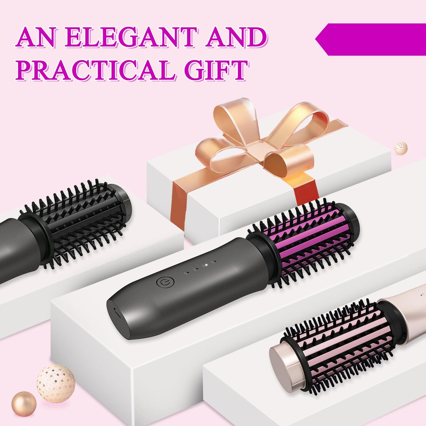 Cordless Hair Curling Iron Brush, Travel Curl Brush, 3-in-1 Portable Curling Iron Cordless, Plasma Thermal Hair Brush, 7000mAh USB Rechargeable Curlings Wand, Mini Hot Curlings Brush-Blush Pink