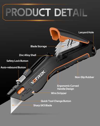VOTREK® Box Cutter Utility Knife, [2-in-1] Retractable Box Cutter, with Blade Storage, Safety All Metal Heavy Duty Sharp Razor Knife for Home & Warehouse Cardboard, Carton, with Extra Blades