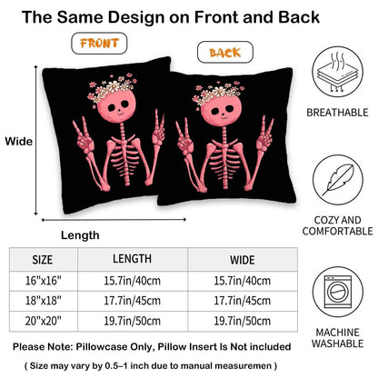ZwenPdoe Skeleton Throw Pillow Covers 18x18 Set of 2 | Cute Pink Skull Decorative Cushion Covers with Hidden Zipper | Halloween Gothic Aesthetic Pillowcases for Couch Sofa Bedroom Decor