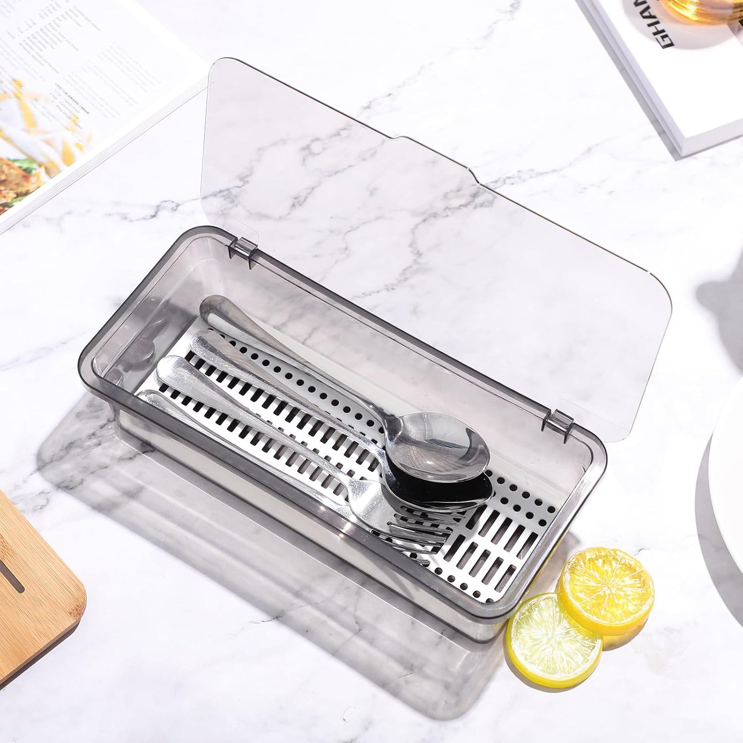 Flatware Tray Kitchen Drawer Organizer with Lid, Plastic Cutlery Tray and Utensil Storage Container with Cover,