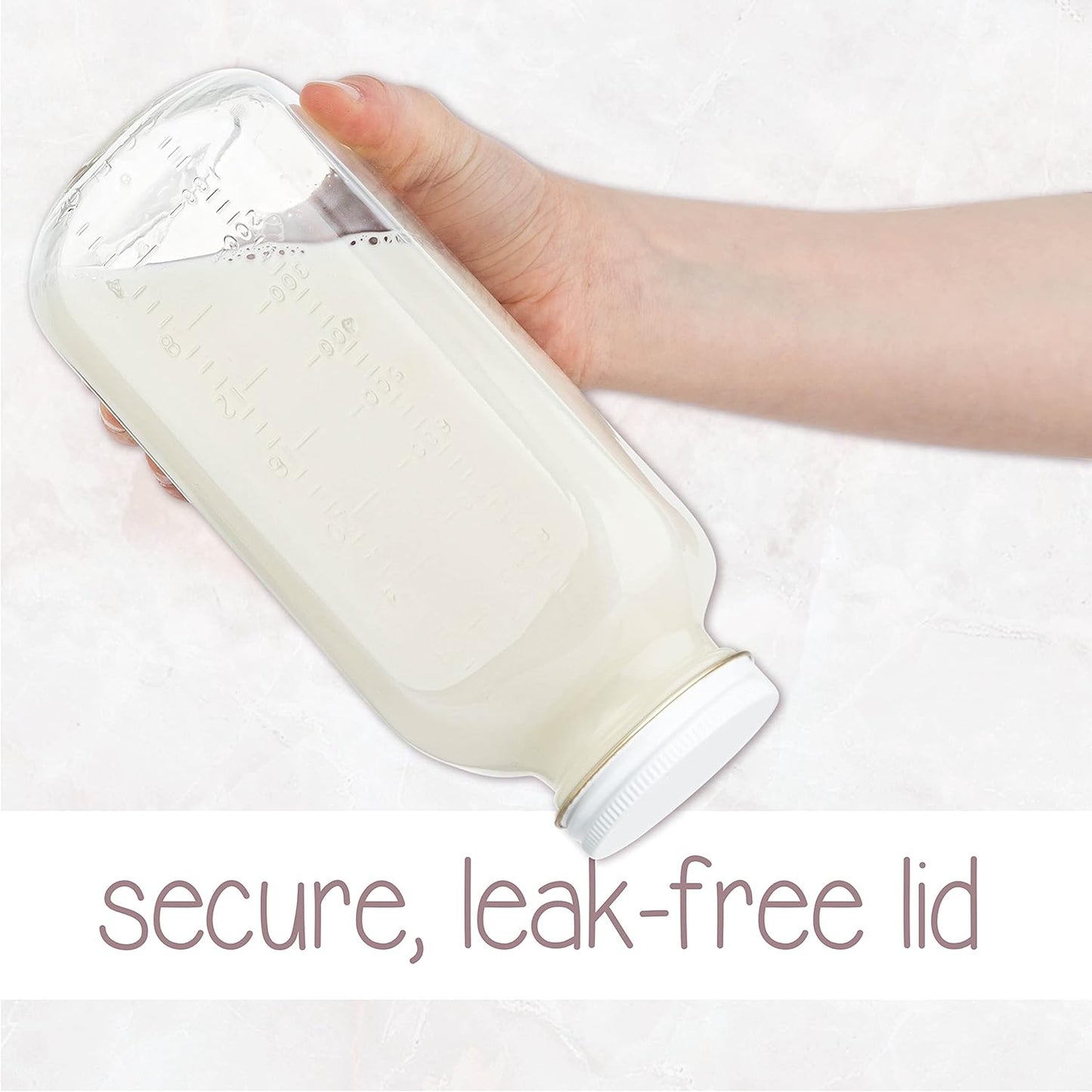 32oz kitchentoolz Square Glass Milk Bottle with White Metal Airtight Lids - Vintage Reusable Milk Jugs - Dairy Drinking