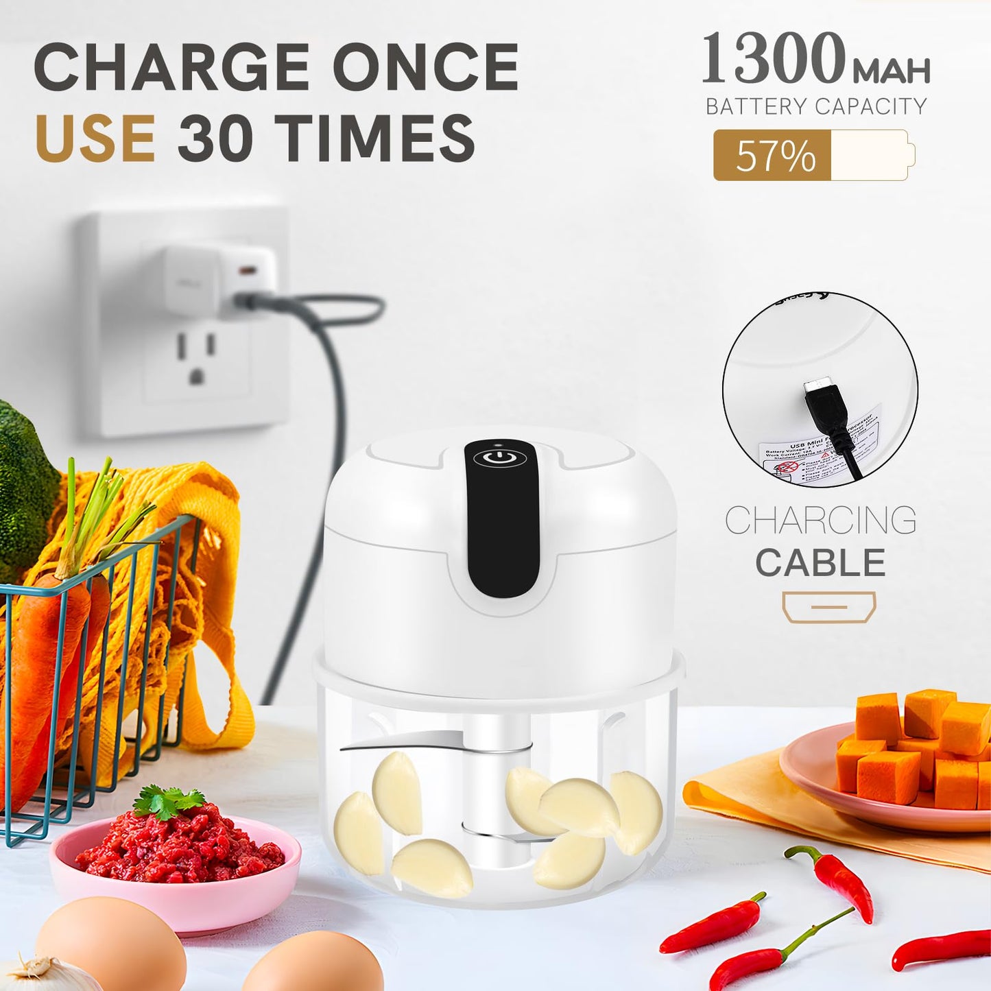 EASYSPEED Electric Garlic Chopper 1Cup, Mini USB Charging Wireless Food Processor with 304 Stainless Steel, 2 Sharp Blades, Portable Kitchen Meat Grinder for Onion, Garlic, Ginger, Baby Food