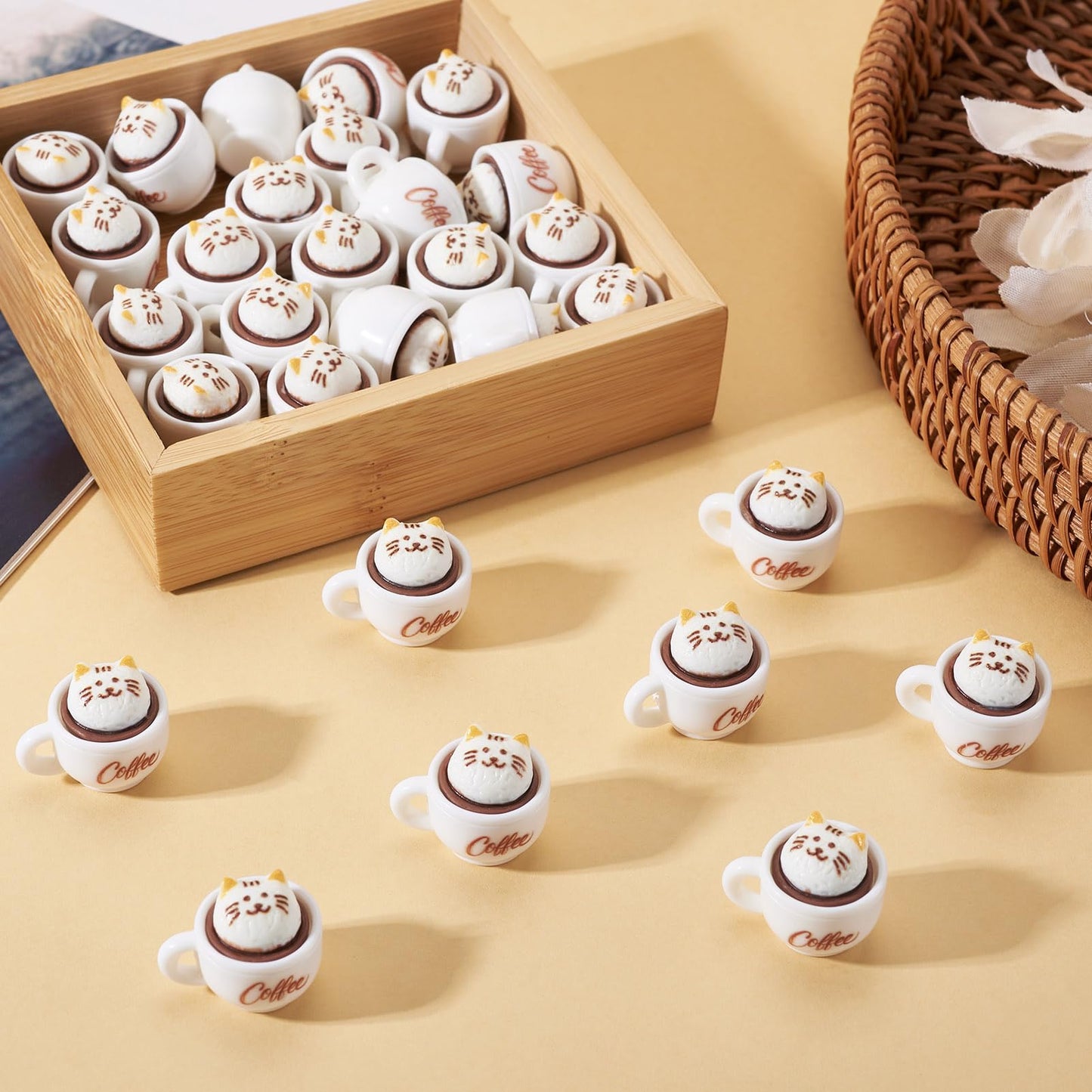 Cheriswelry 35Pcs Mini Resin Coffee Cups Food Drinks Miniature Dollhouse Accessories Cute Cat Coffee Mug Ornament 17.5x23mm for Kitchen Play Tableware Party Decoration