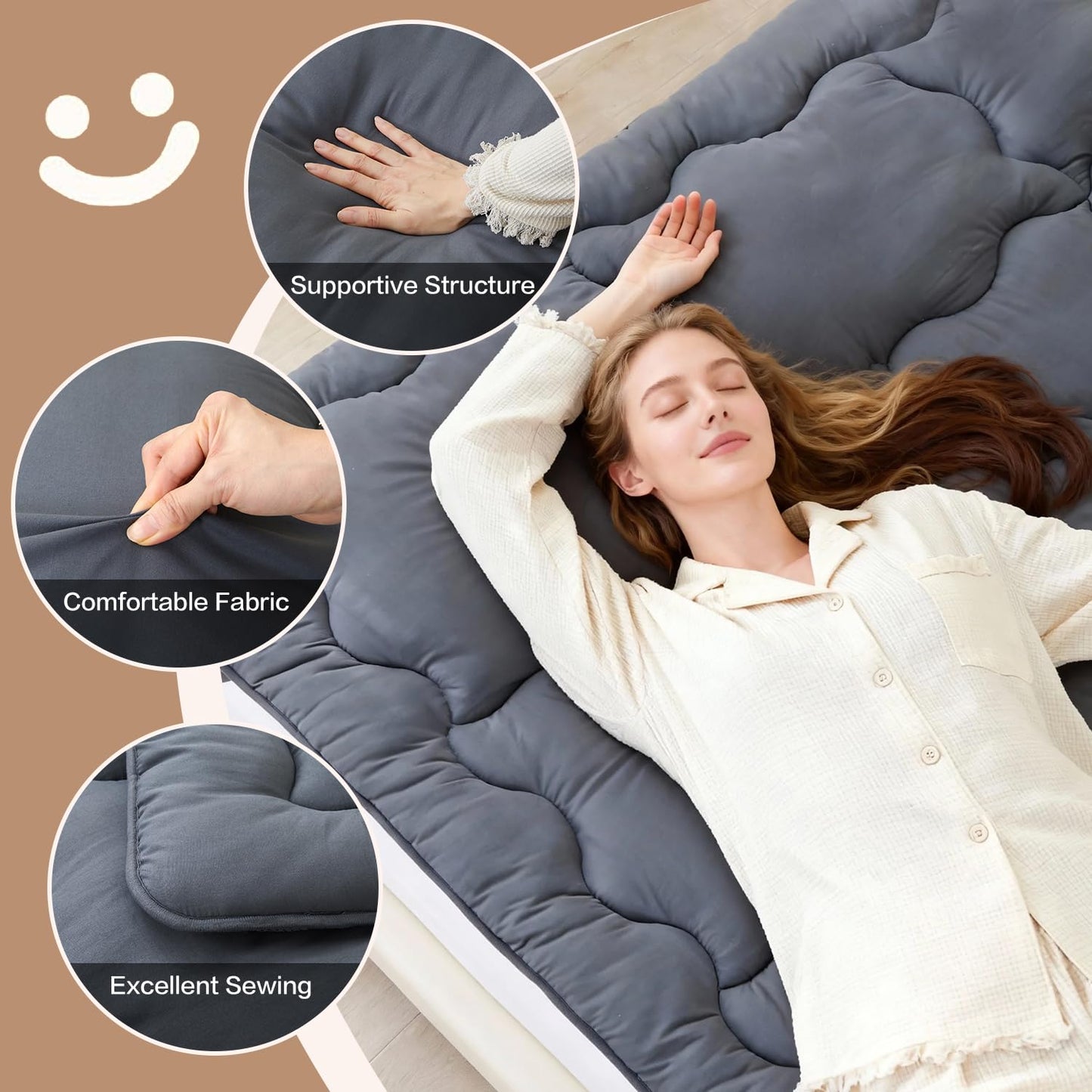 SAPHREAS Japanese Futon Mattress Floor Mattress Twin, Foldable Roll Up Bed Mattress Topper with Elastic Straps, Tatami Mat Sleeping Pad for Camping, Grey
