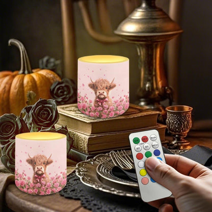 Merkmak Highland Cattle Print Battery Operated Flameless Candles with Remote and Timer Flameless LED Pillar Candles Valentines Day Home Decorations Pink Rose Print Tea Lights