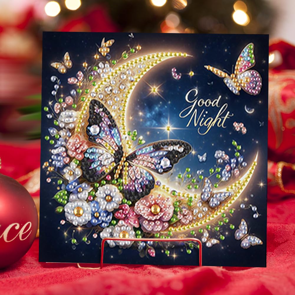 6 Pack 5D DIY Diamond Painting Moon Butterfly Greeting Card Kit, Diamond Art Christmas Birthday Holiday Greeting Card, Art Crafts Kit Creative Gift with Envelope