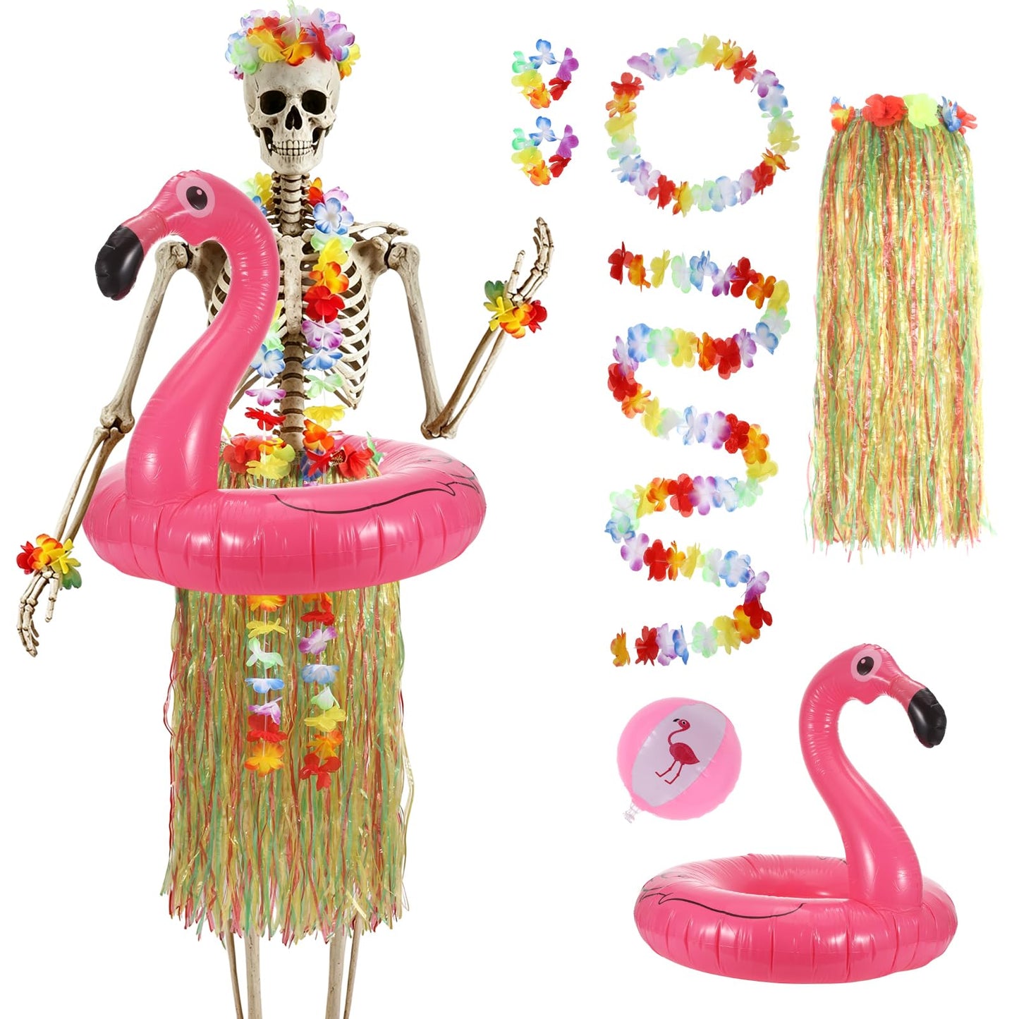 7Pcs Summer Hawaiian 12 ft Skeleton Costume Accessories Include Inflatable Flamingo Swimming Ring Hawaiian Hula Grass Skirt Beach Ball Wristbands Flower Garlands for Garden Lawn Luau Party Decor