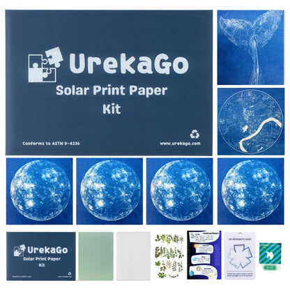 UrekaGo Cyanotype Paper Kit (8" X 10") | 10 Pre-Coated Sheets, 40 Floral Stickers, UV Index Card, Hard Clear Case, Glove, Cartoon Tutorial, Reusable Cardboard Envelope