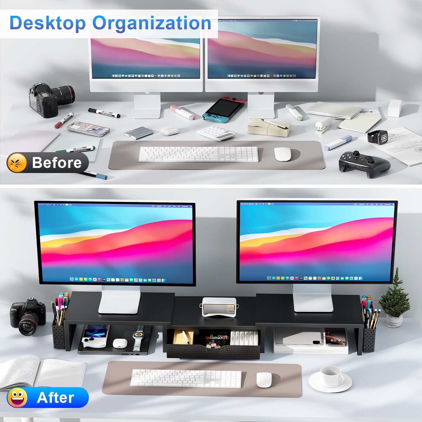 gianotter Dual Monitor Stand Riser, Desk Organizer With Drawer and 2 Pen Holders, Computer Monitor Stand, Desk Shelf for Top of Desk (Black)