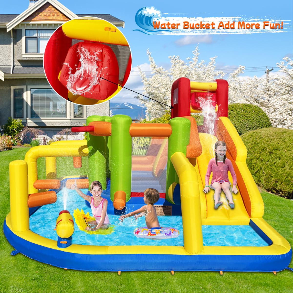 Umbalir Inflatable Obstacle Bounce House, Kids Bounce House Water Park with Water Slides, Surprise Dump Bucket, Obstacles,Jumping, Tunnels, Climbing,Water Cannon, and Ball Shooting Frame