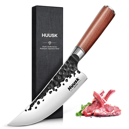 Huusk Japanese Butcher Knife for Meat Cutting - Ultra Sharp Viking Meat Knife Made by High Carbon Steel - Hand Forged Chef Knives with Wood Handle for BBQ & Cooking - Gifts Idea for Men Women
