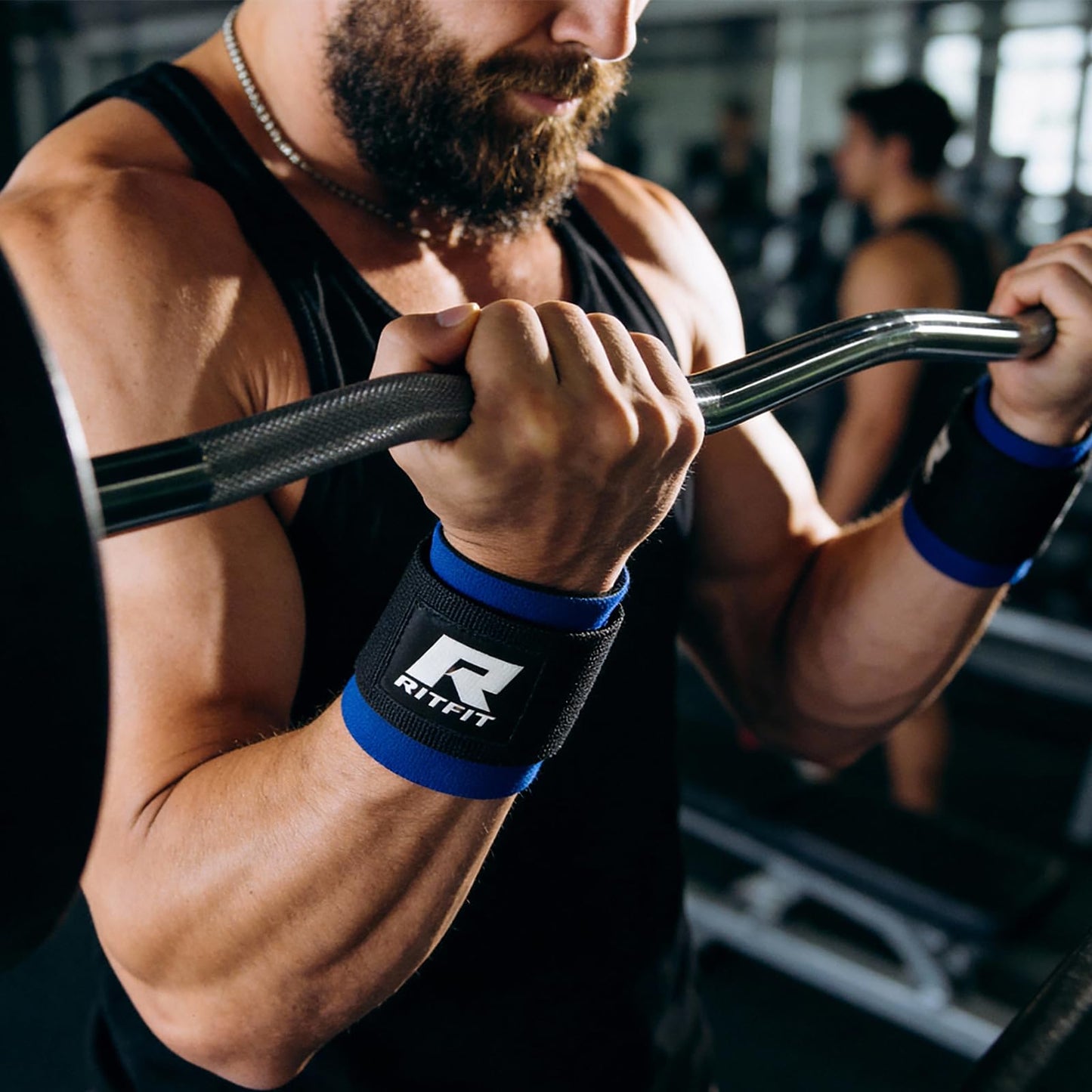 RitFit 2 Inch EZ Curl Bar with Weights, 350LBS Capacity Olympic Barbell for Bicep & Triceps, Home Gym Strength Training,Black with 155LBweights and Wristband