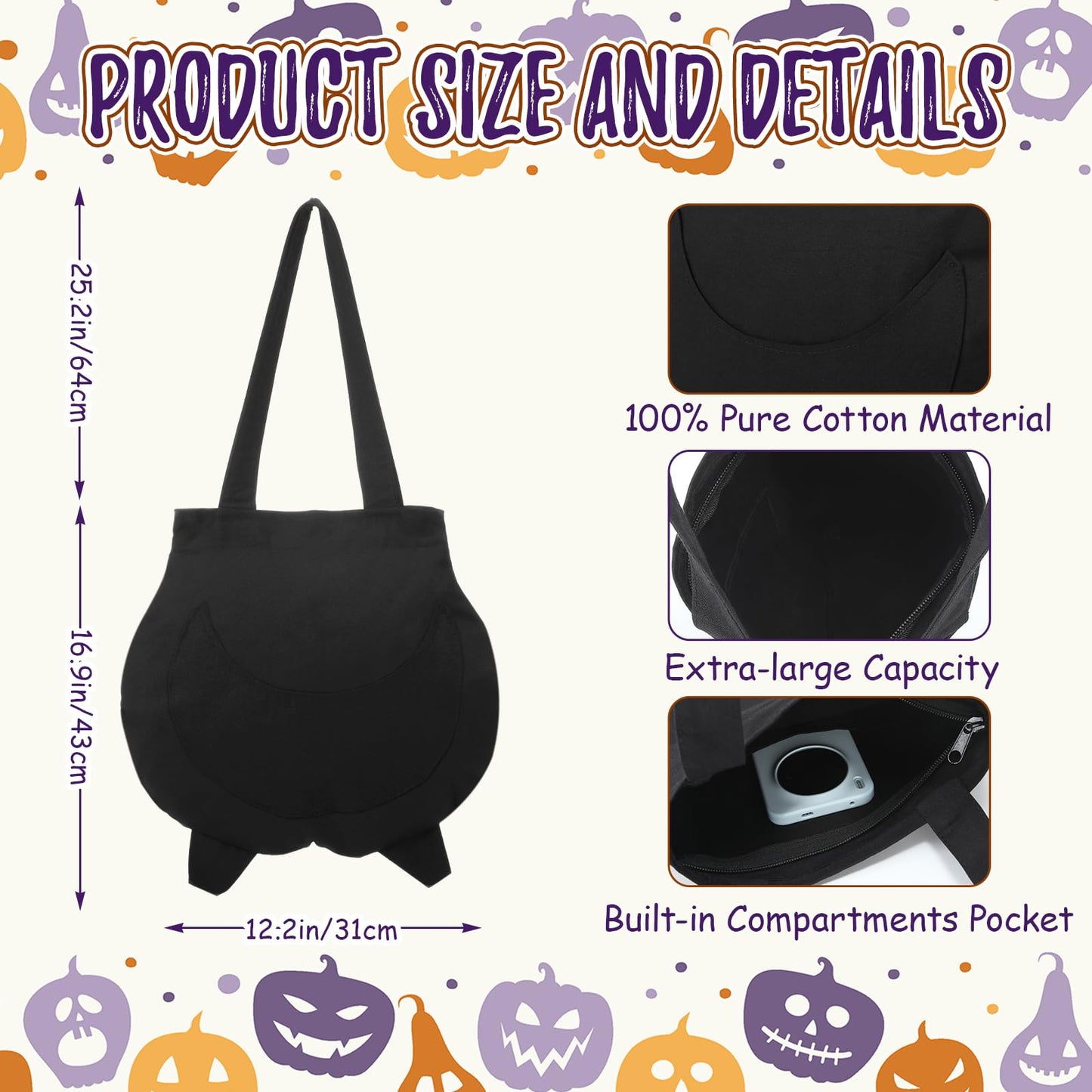 HunnmingRe Halloween Trick or Treat Tote Bag Cotton Reusable Cauldron Candy Bag Bolsitas Para Dulces De Cute Cauldron Bucket and Basket for Trick or Treat Gift Halloween Party Favor