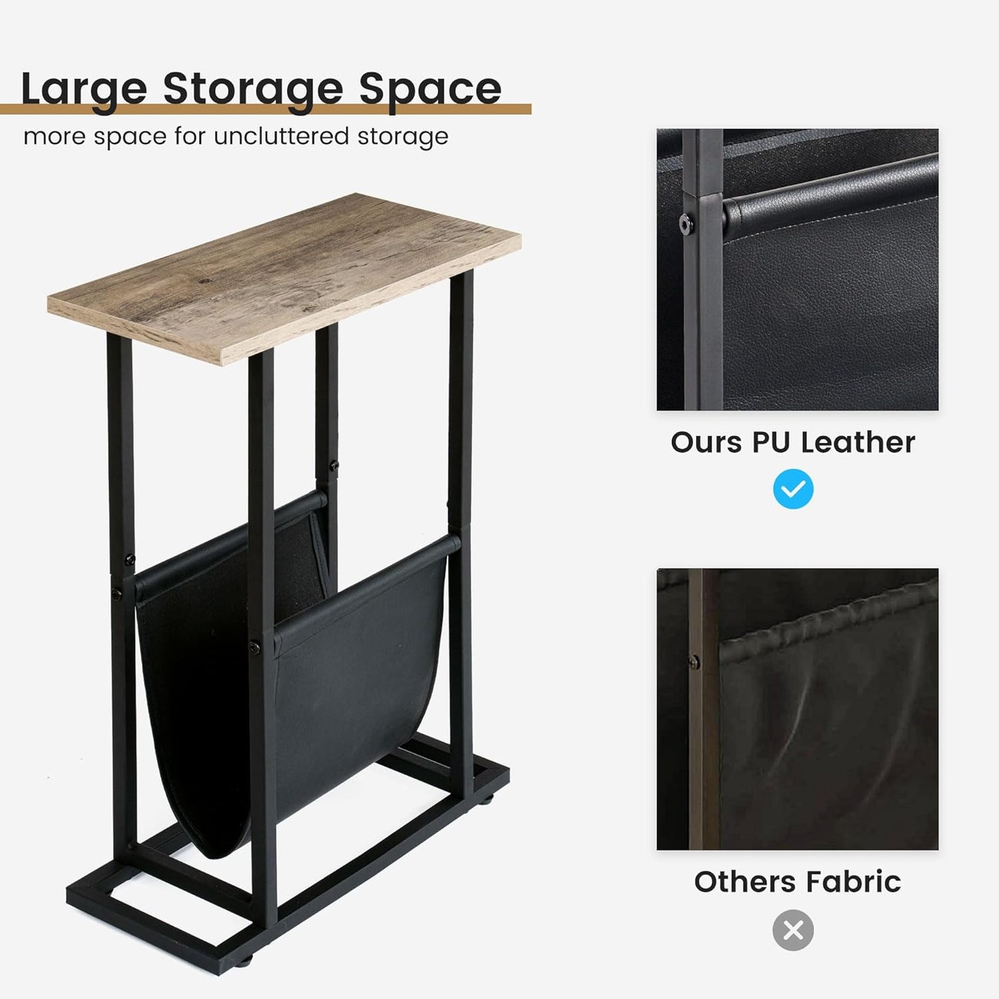 FLYJOE Narrow Side Table with PU Leather Magazine Holder Rustic Slim Little Thin Table for Living Room, Bedroom, Sofa