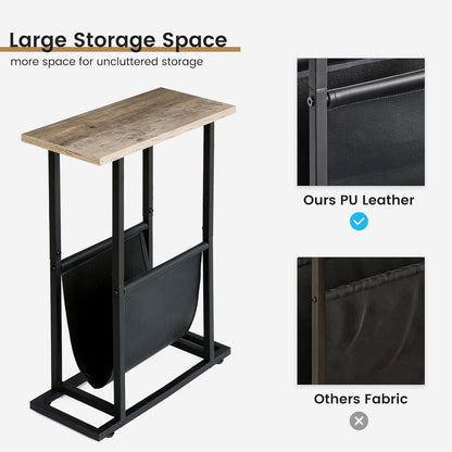 FLYJOE Narrow Side Table with PU Leather Magazine Holder Rustic Slim Little Thin Table for Living Room, Bedroom, Sofa